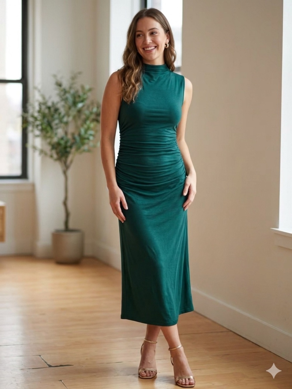 A NEW DAY green Ruched Midi Dress Mock Neck Size XL women Sleeveless Casual AD25